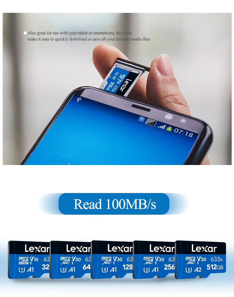 100% Original Lexar 633x Memory Card 32GB 64GB 128GBClass 10 High Speed 256GB 512GB TF Card UHS-I A1 Micro SD Card