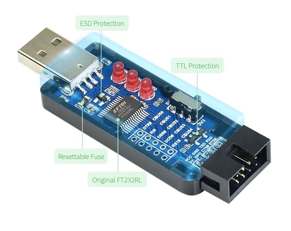 Industrial USB To TTL Converter Original FT232RL/CH343G Multi Protection & Systems Support Stable Transmission LED Indicators