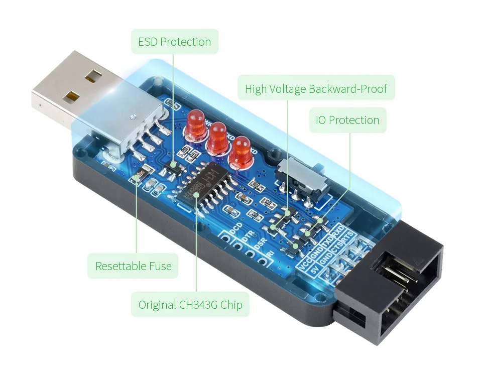 Industrial USB To TTL Converter Original FT232RL/CH343G Multi Protection & Systems Support Stable Transmission LED Indicators