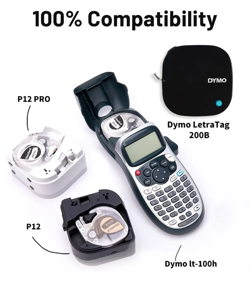 Phomemo P12 P12Pro Label Maker Tape Replacement for DYMO Label Maker Pastic Tape Replace for DYMO Letra Tag 100H LT-100T LT110T