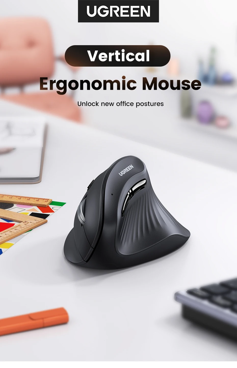 UGREEN Vertical Mouse Wireless Bluetooth5.0 2.4G Ergonomic 4000DPI Mice for MacBook Tablet Laptops Computer PC Mice