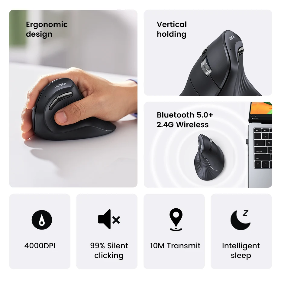 UGREEN Vertical Mouse Wireless Bluetooth5.0 2.4G Ergonomic 4000DPI Mice for MacBook Tablet Laptops Computer PC Mice