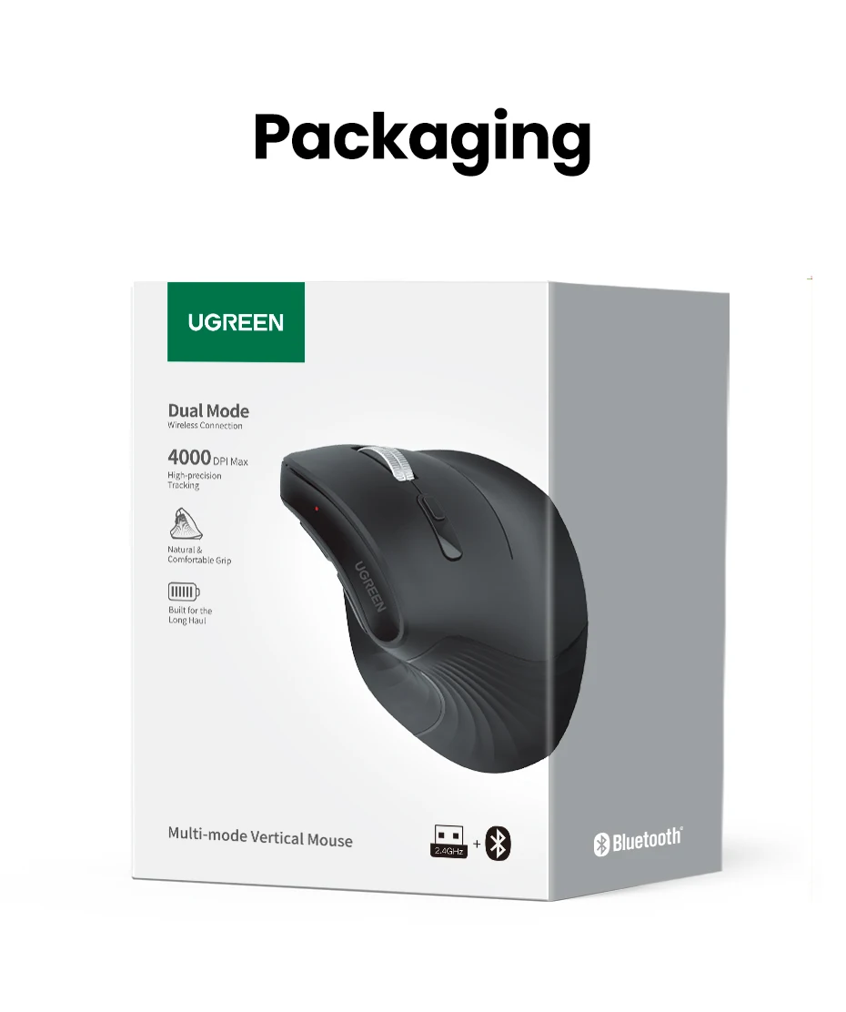 UGREEN Vertical Mouse Wireless Bluetooth5.0 2.4G Ergonomic 4000DPI Mice for MacBook Tablet Laptops Computer PC Mice