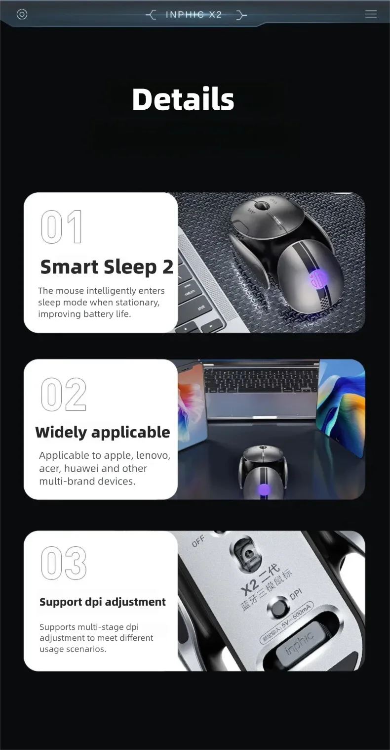 Inphic X2 V2 Wireless Gaming Mouse Metal Base Rechargeable Silent Office Bluetooth Mouse For Computer Laptop Office Game