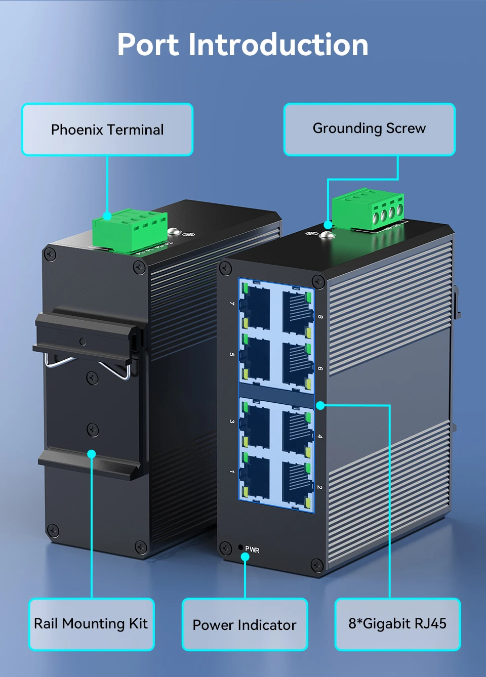 HORACO 8 Port Gigabit Industrial Switch 1000Mbps industry Network Ethernet Switch DIN Rail Mounted Plug and Play