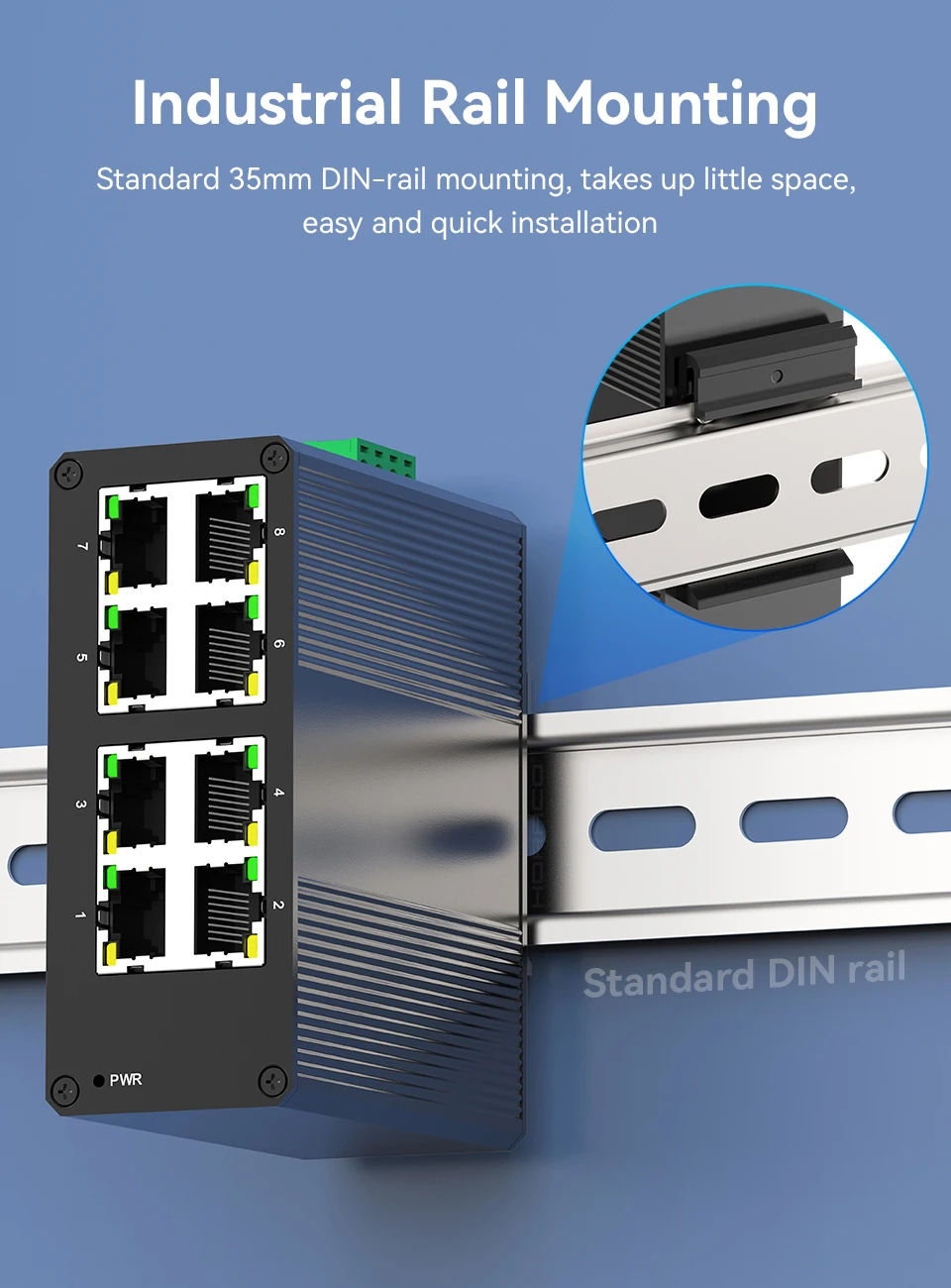 HORACO 8 Port Gigabit Industrial Switch 1000Mbps industry Network Ethernet Switch DIN Rail Mounted Plug and Play