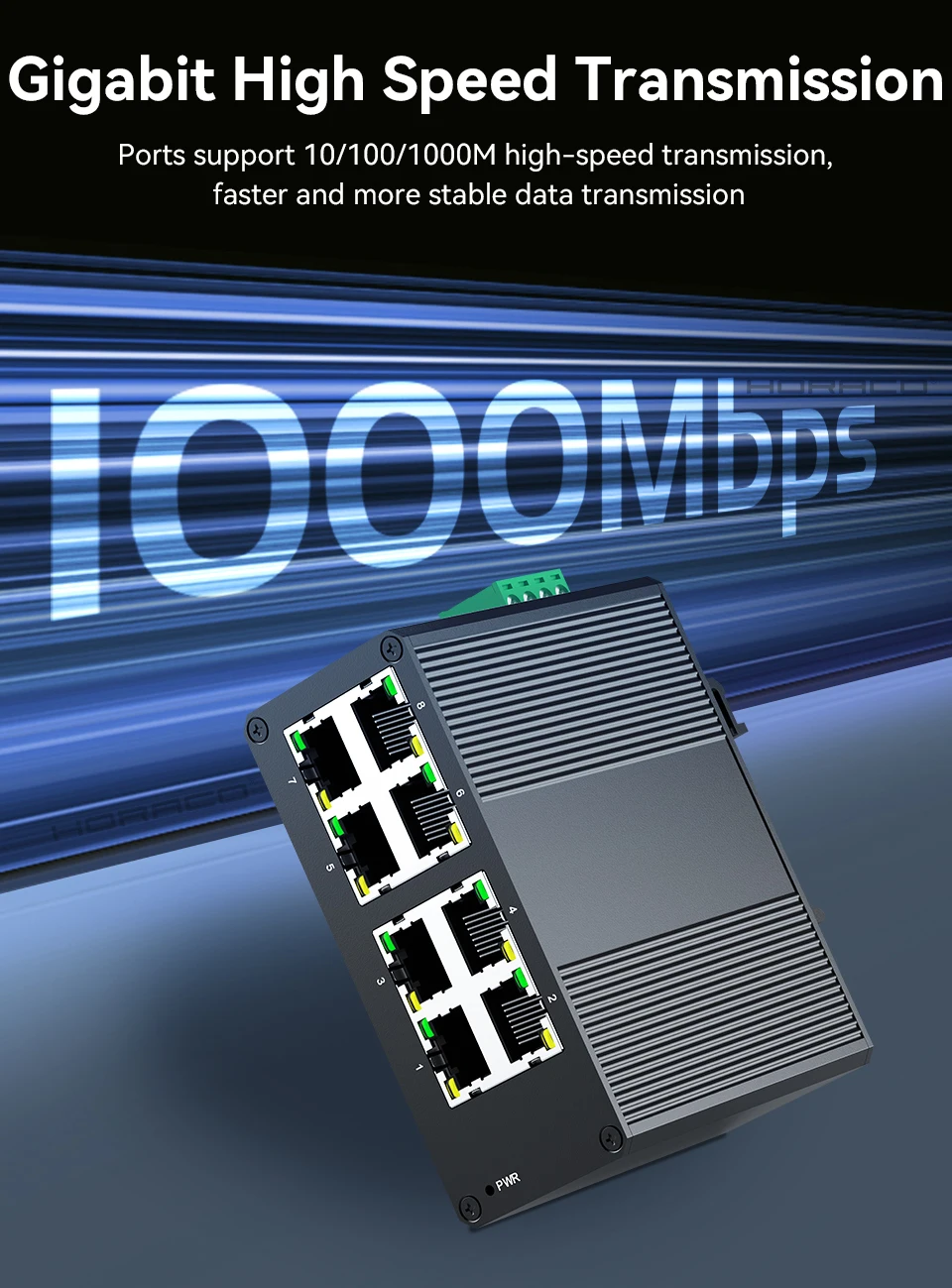HORACO 8 Port Gigabit Industrial Switch 1000Mbps industry Network Ethernet Switch DIN Rail Mounted Plug and Play