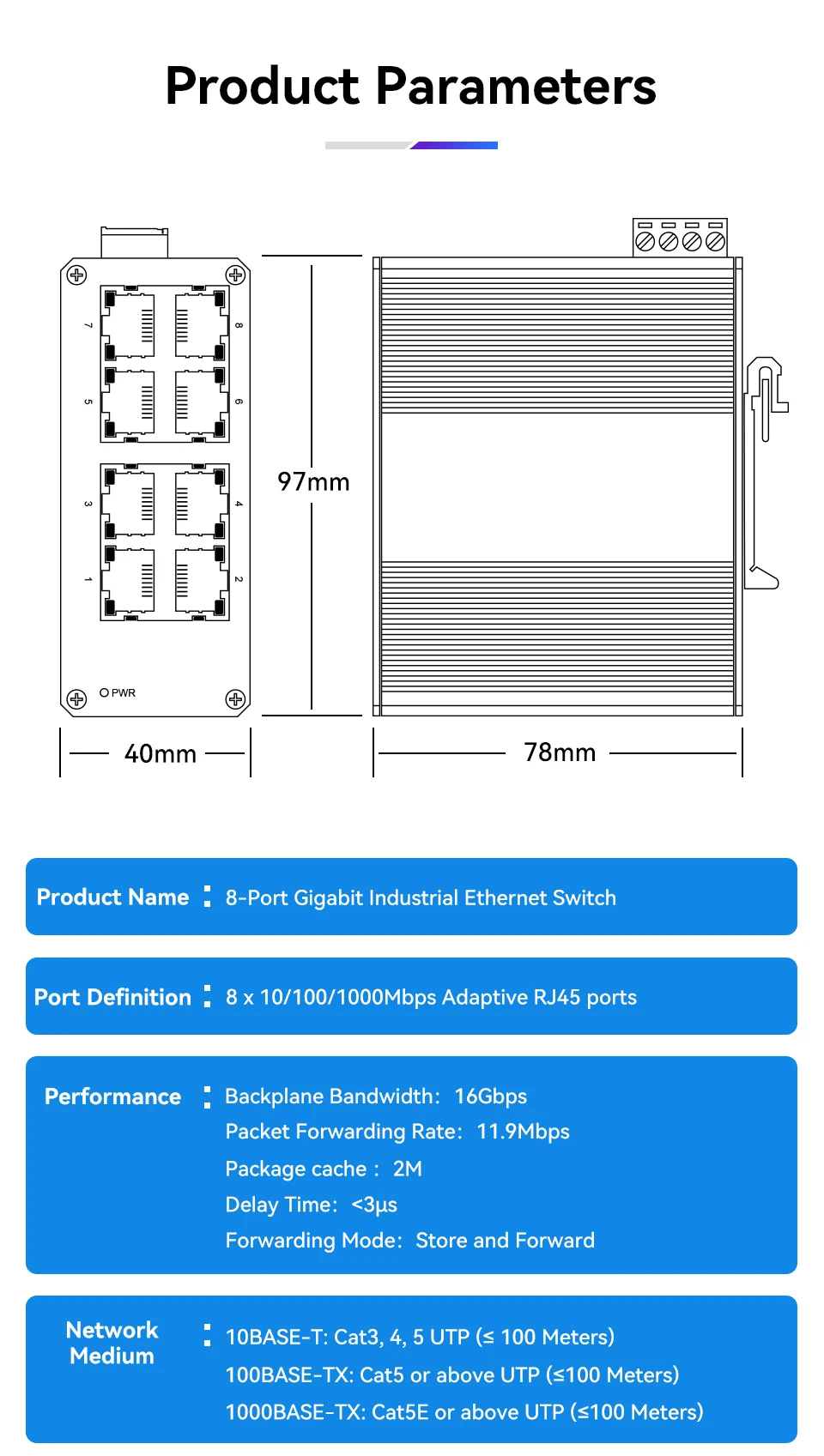 HORACO 8 Port Gigabit Industrial Switch 1000Mbps industry Network Ethernet Switch DIN Rail Mounted Plug and Play