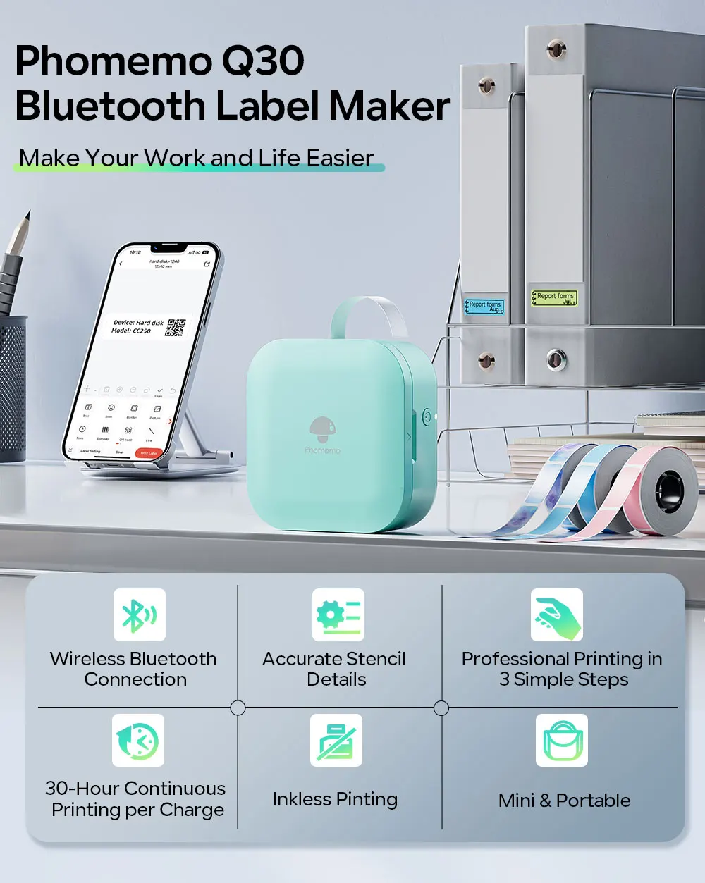 Phomemo Q30 Bluetooth Thermal Label Printer, Pocket Sticker Maker for Date/DIY Labels, iOS Android Wireless Printer, Multi-Paper