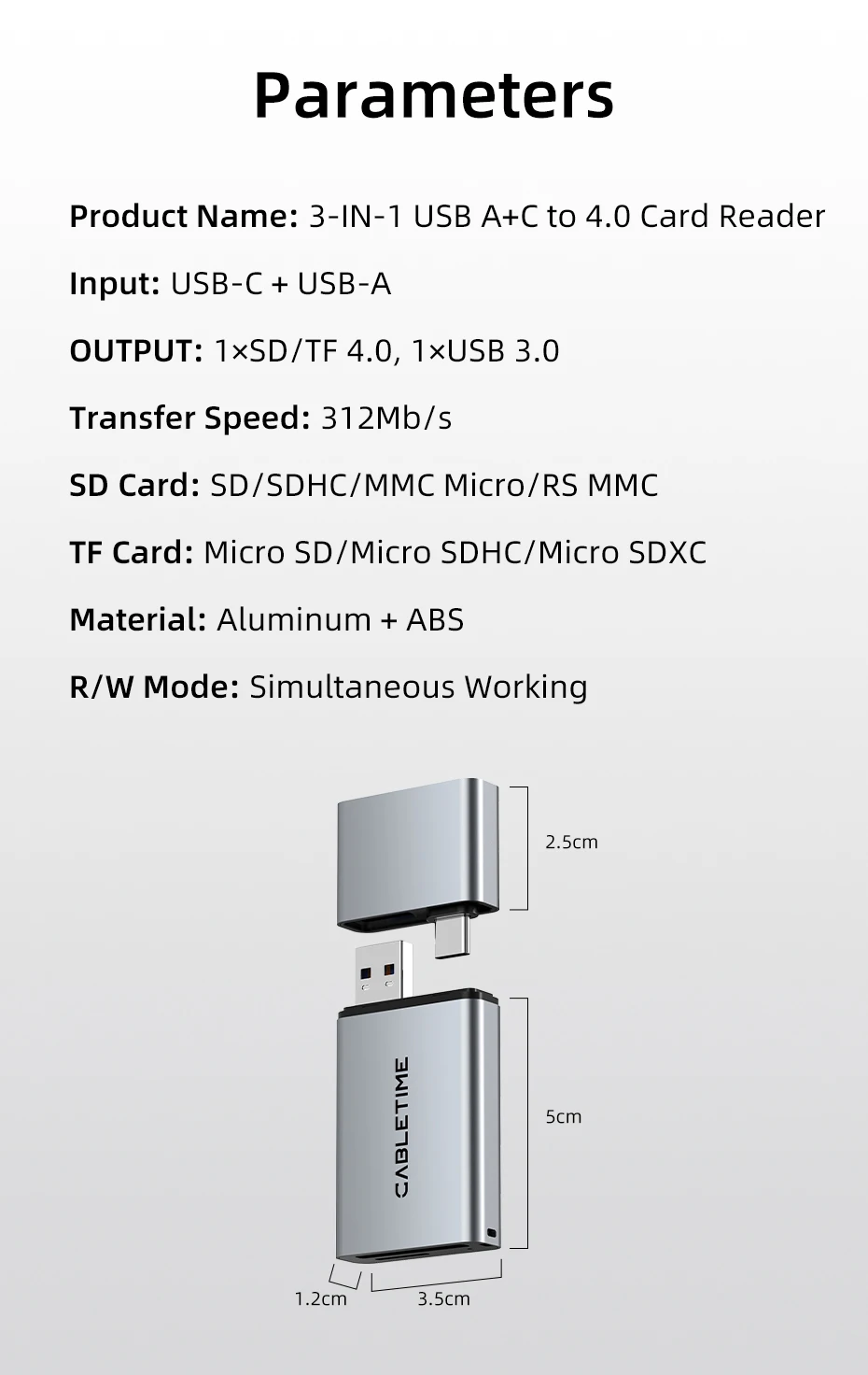 CABLETIME Card Reader 3 in 1 USB 3.0 5Gbps USB A USB C Combined Design SD/TF Cards Portable Aluminum Alloy for iPhone iPad