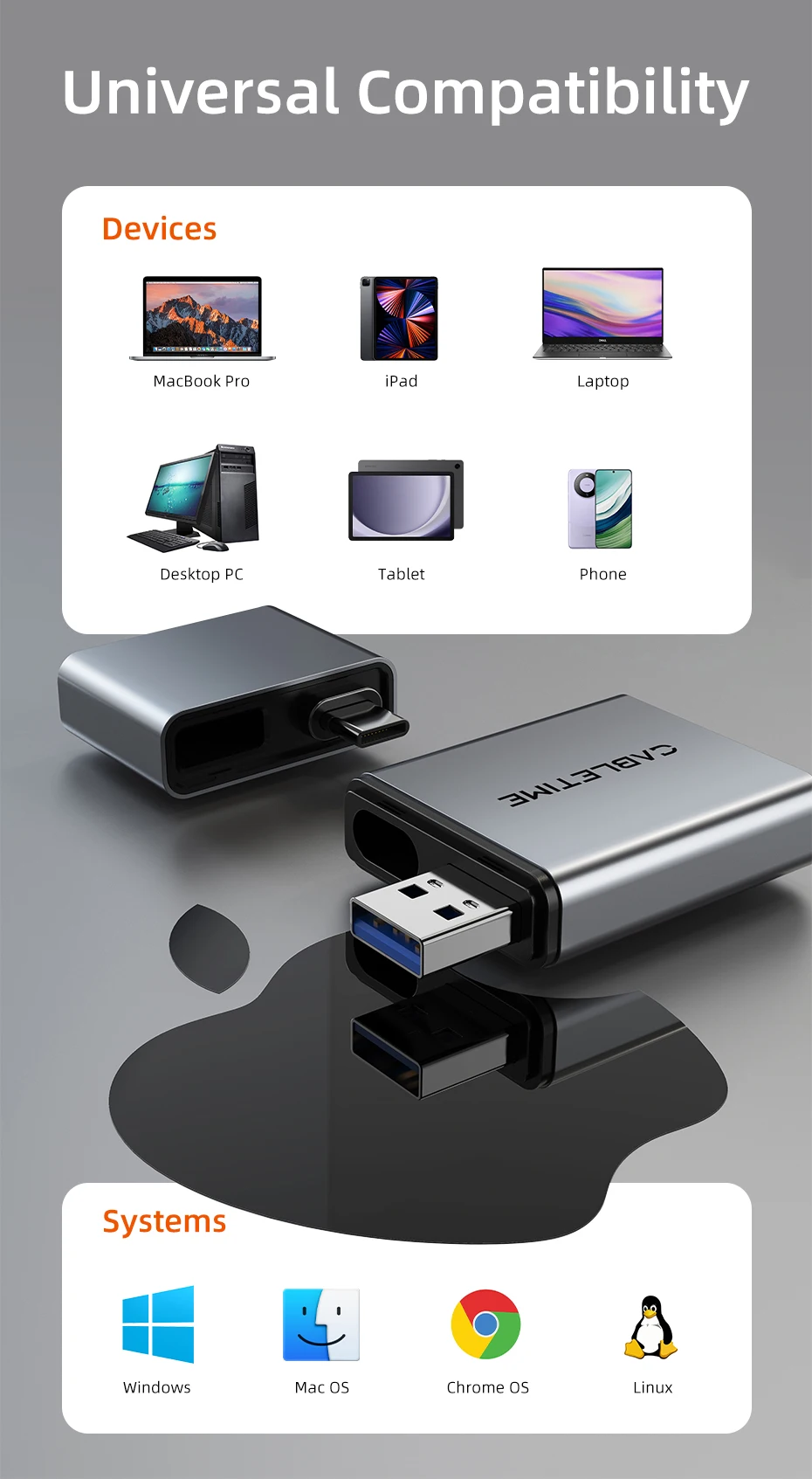 CABLETIME Card Reader 3 in 1 USB 3.0 5Gbps USB A USB C Combined Design SD/TF Cards Portable Aluminum Alloy for iPhone iPad