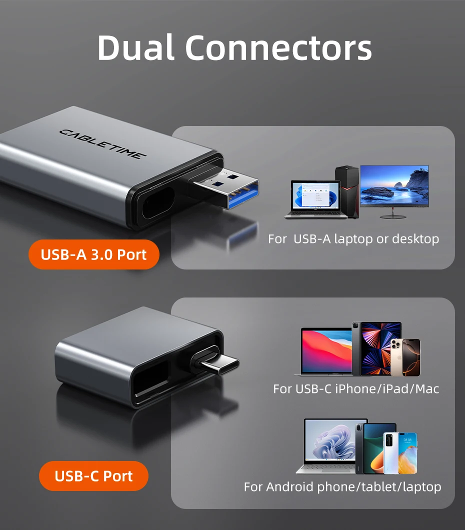 CABLETIME Card Reader 3 in 1 USB 3.0 5Gbps USB A USB C Combined Design SD/TF Cards Portable Aluminum Alloy for iPhone iPad