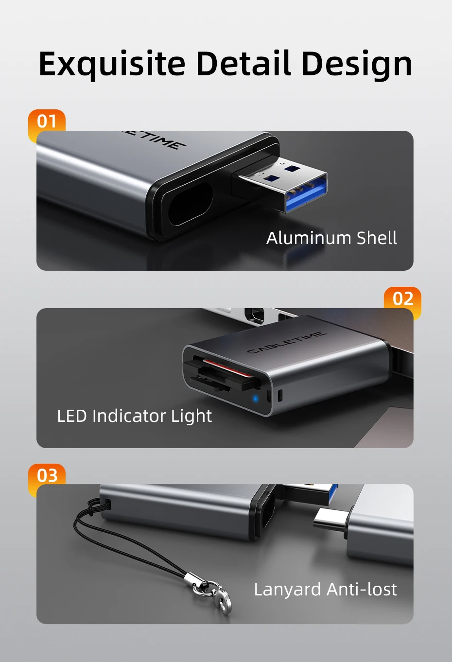 CABLETIME Card Reader 3 in 1 USB 3.0 5Gbps USB A USB C Combined Design SD/TF Cards Portable Aluminum Alloy for iPhone iPad