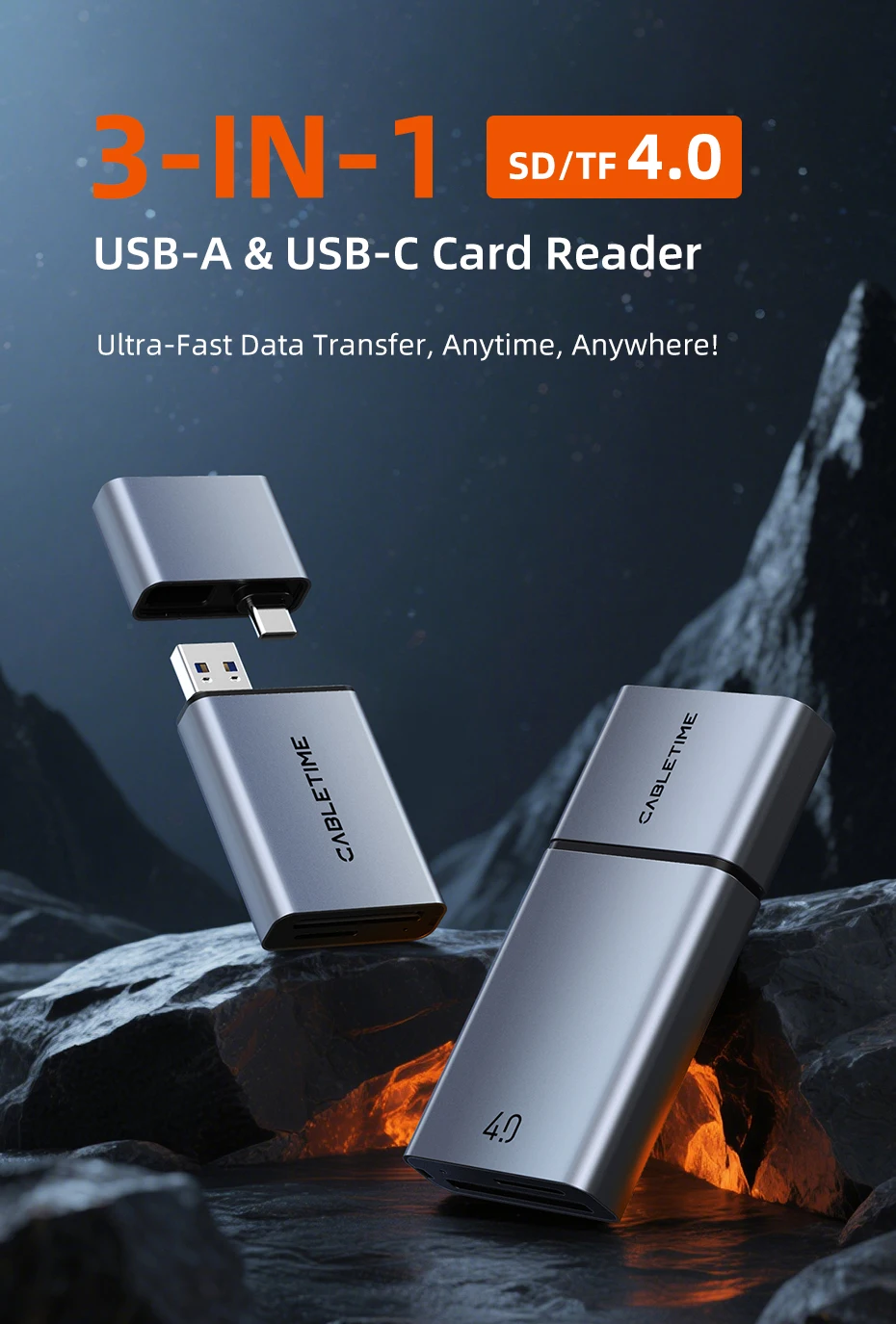 CABLETIME Card Reader 3 in 1 USB 3.0 5Gbps USB A USB C Combined Design SD/TF Cards Portable Aluminum Alloy for iPhone iPad