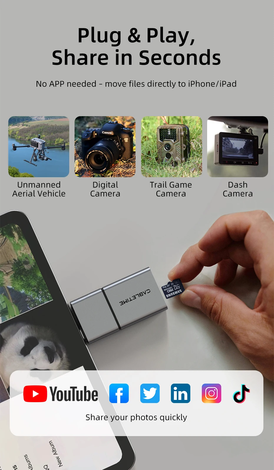 CABLETIME Card Reader 3 in 1 USB 3.0 5Gbps USB A USB C Combined Design SD/TF Cards Portable Aluminum Alloy for iPhone iPad