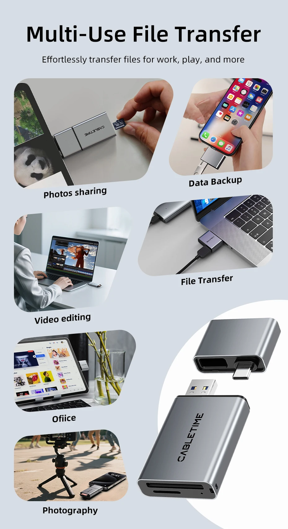 CABLETIME Card Reader 3 in 1 USB 3.0 5Gbps USB A USB C Combined Design SD/TF Cards Portable Aluminum Alloy for iPhone iPad
