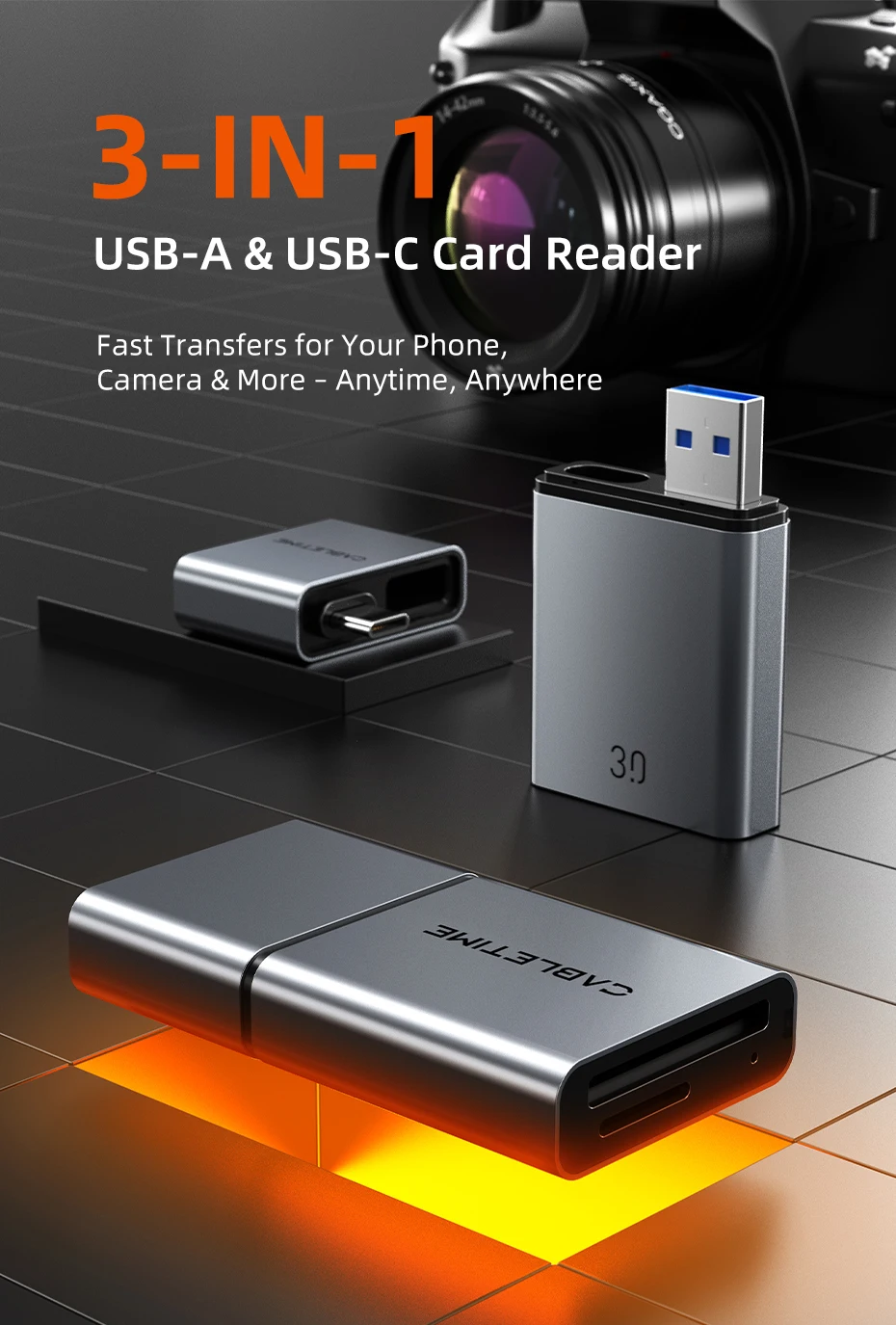 CABLETIME Card Reader 3 in 1 USB 3.0 5Gbps USB A USB C Combined Design SD/TF Cards Portable Aluminum Alloy for iPhone iPad