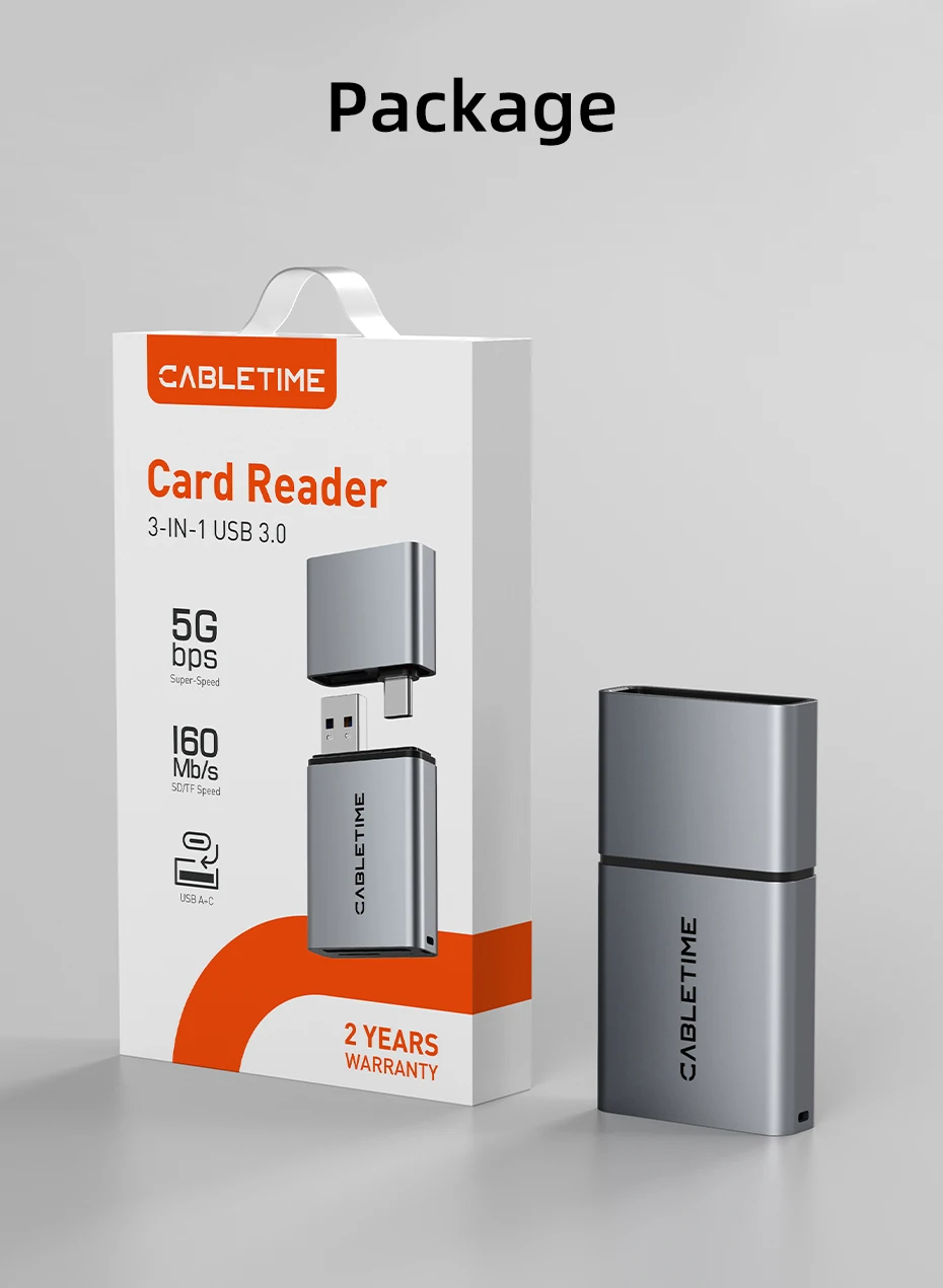 CABLETIME Card Reader 3 in 1 USB 3.0 5Gbps USB A USB C Combined Design SD/TF Cards Portable Aluminum Alloy for iPhone iPad