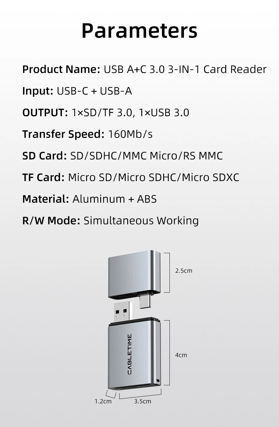 CABLETIME Card Reader 3 in 1 USB 3.0 5Gbps USB A USB C Combined Design SD/TF Cards Portable Aluminum Alloy for iPhone iPad