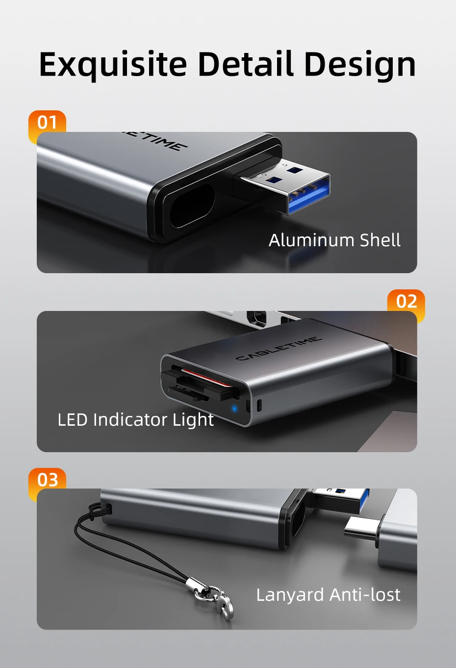 CABLETIME Card Reader 3 in 1 USB 3.0 5Gbps USB A USB C Combined Design SD/TF Cards Portable Aluminum Alloy for iPhone iPad