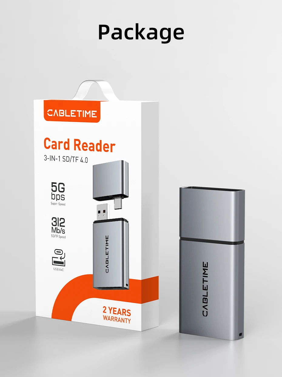 CABLETIME Card Reader 3 in 1 USB 3.0 5Gbps USB A USB C Combined Design SD/TF Cards Portable Aluminum Alloy for iPhone iPad