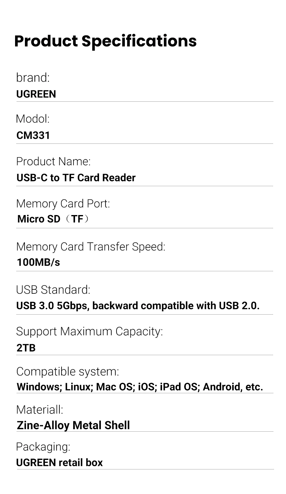 UGREEN Card Reader USB-C to Micro SD TF Card OTG Adapter for Laptop PC Tablet Phone Windows MacOS USB3.0 Memory Cardreader