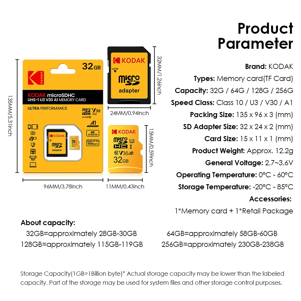Original Kodak Micro SD Card 256GB U3 High Speed Memory Card A1 V30 Class 10 MicroSDXC with SD Adapter