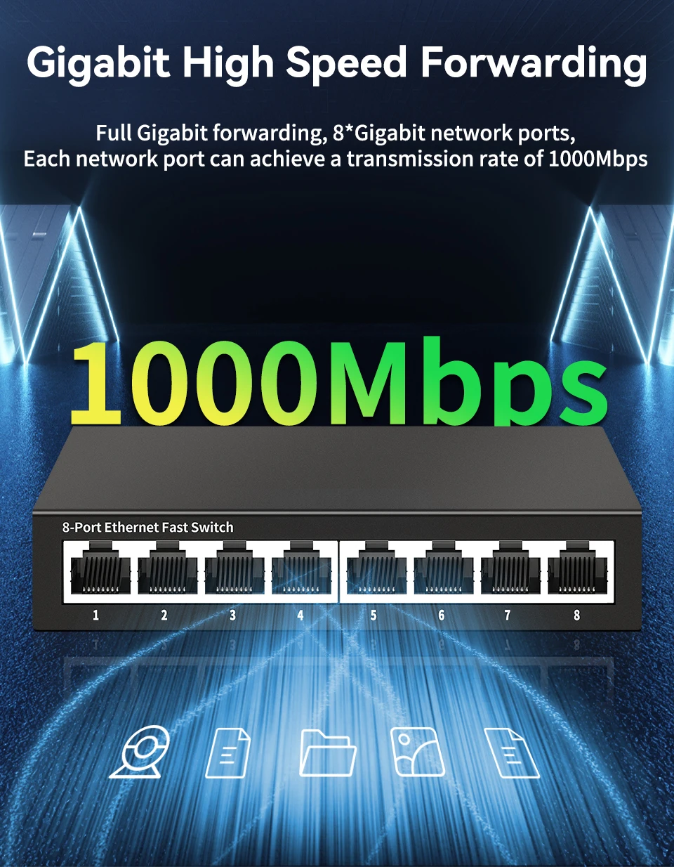 HORACO 8 Port Gigabit Network Switch Unmanaged 1000M Switch Desktop Plug and Play Ethernet Switch