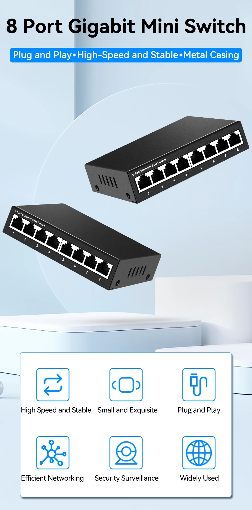 HORACO 8 Port Gigabit Network Switch Unmanaged 1000M Switch Desktop Plug and Play Ethernet Switch