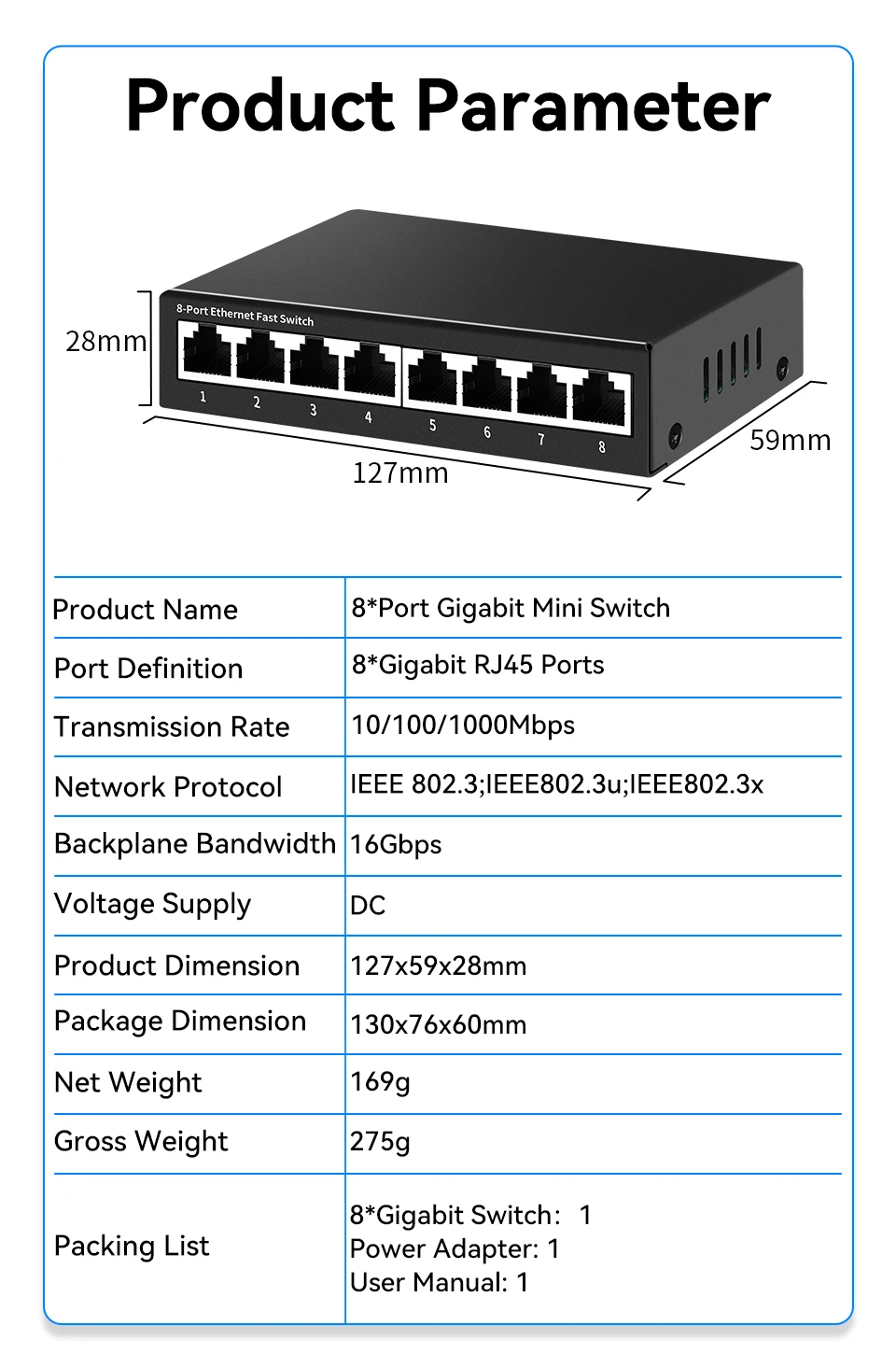 HORACO 8 Port Gigabit Network Switch Unmanaged 1000M Switch Desktop Plug and Play Ethernet Switch