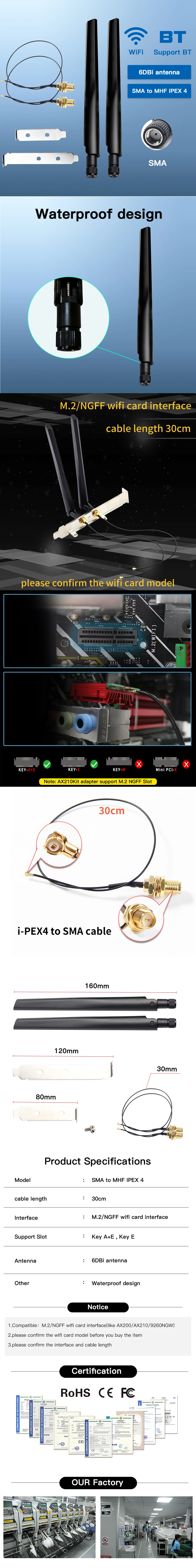 FENVI 2PcsX6Dbi Antenna Set AX210 NGFF M.2 WiFi Card 2.4/5GHz Dual Band MHF4 Extension Cable To WiFi RP-SMA For AX210/AX200/9260