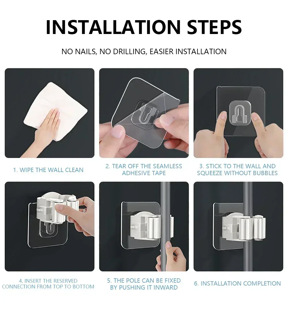 Home Storage Rack Wall Hanging Shelf Bathroom Shower Holder Storage Traceless Hook Mop Organizer Waterproof Broom Hanger