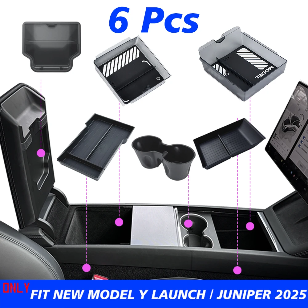 TESY Console & Armrest Storage Box For Tesla New Model Y Juniper Launch ABS Silicone Non-slip Mat Upper and Lower Watercup