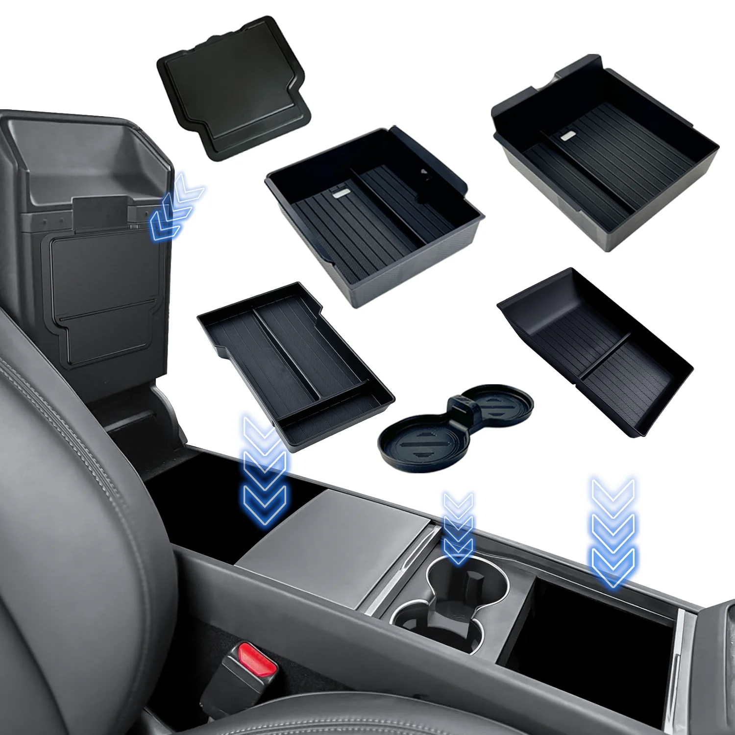 TESY Console & Armrest Storage Box For Tesla New Model Y Juniper Launch ABS Silicone Non-slip Mat Upper and Lower Watercup