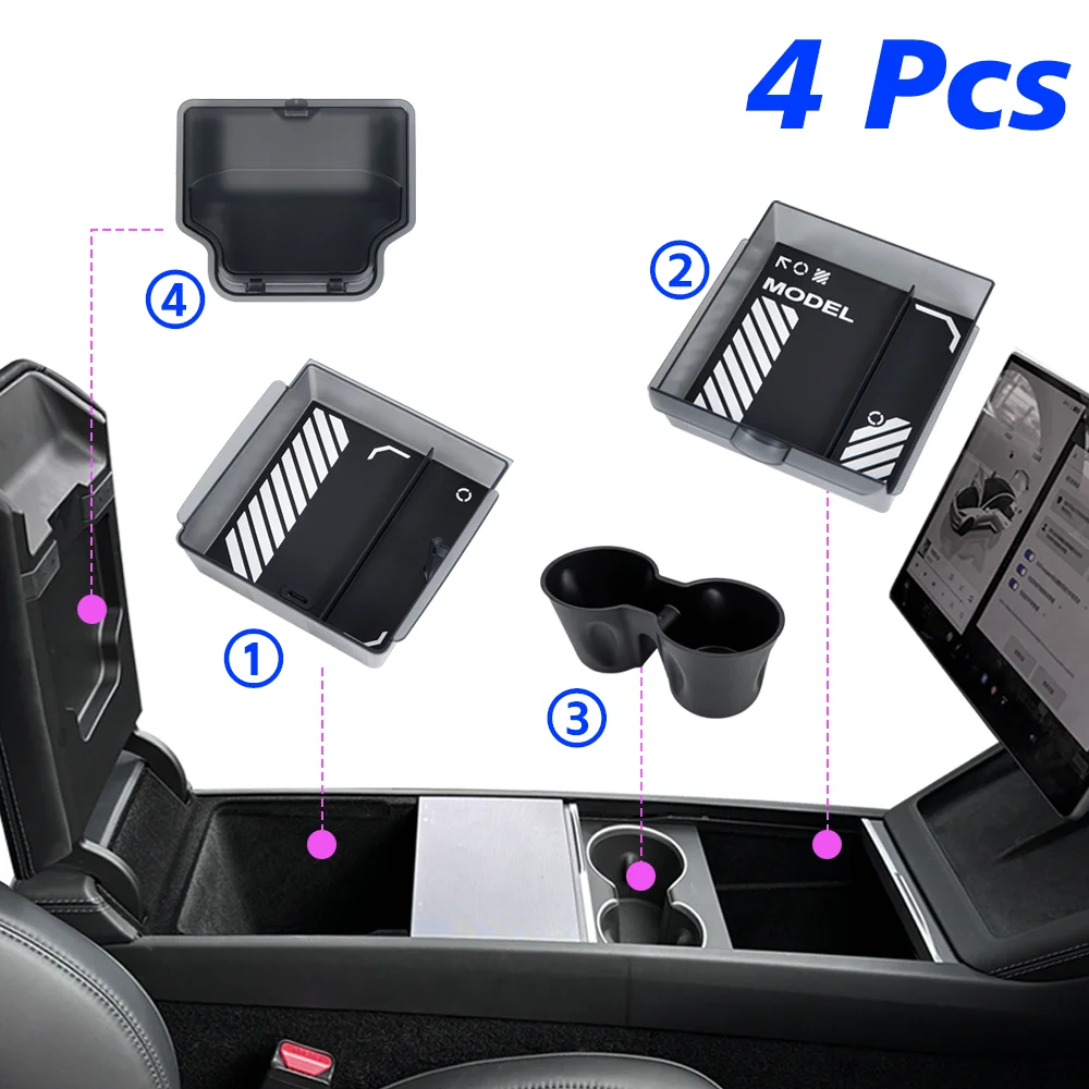 TESY Console & Armrest Storage Box For Tesla New Model Y Juniper Launch ABS Silicone Non-slip Mat Upper and Lower Watercup