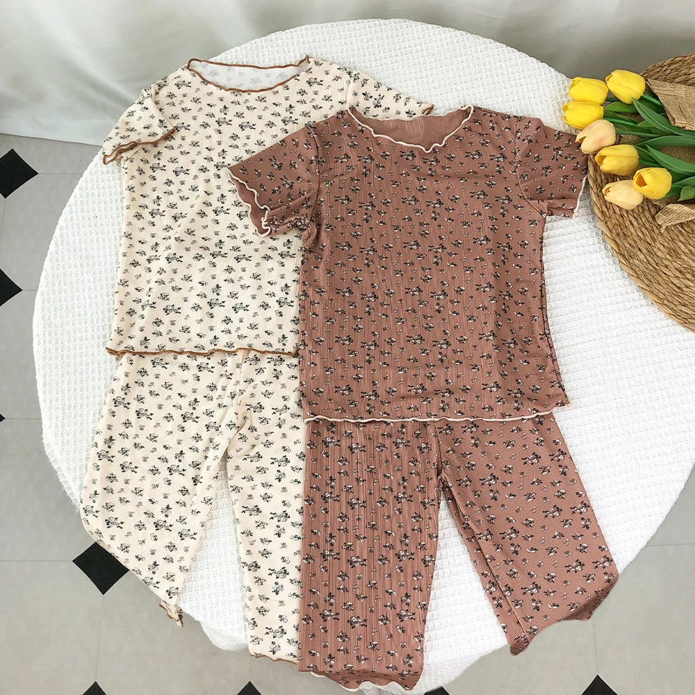 Bear Leader Summer Fashion New Short Sleeve Round Neck Flower Printed T-shirt Top+Pants 2 Piece Set Kids Casual Home Clothes
