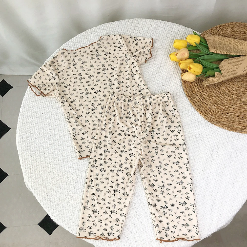 Bear Leader Summer Fashion New Short Sleeve Round Neck Flower Printed T-shirt Top+Pants 2 Piece Set Kids Casual Home Clothes