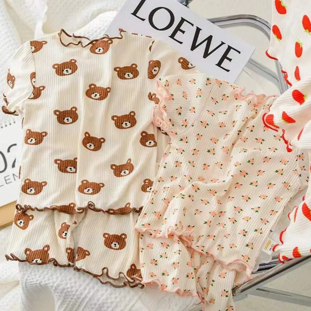 Bear Leader Summer Fashion New Short Sleeve Round Neck Flower Printed T-shirt Top+Pants 2 Piece Set Kids Casual Home Clothes