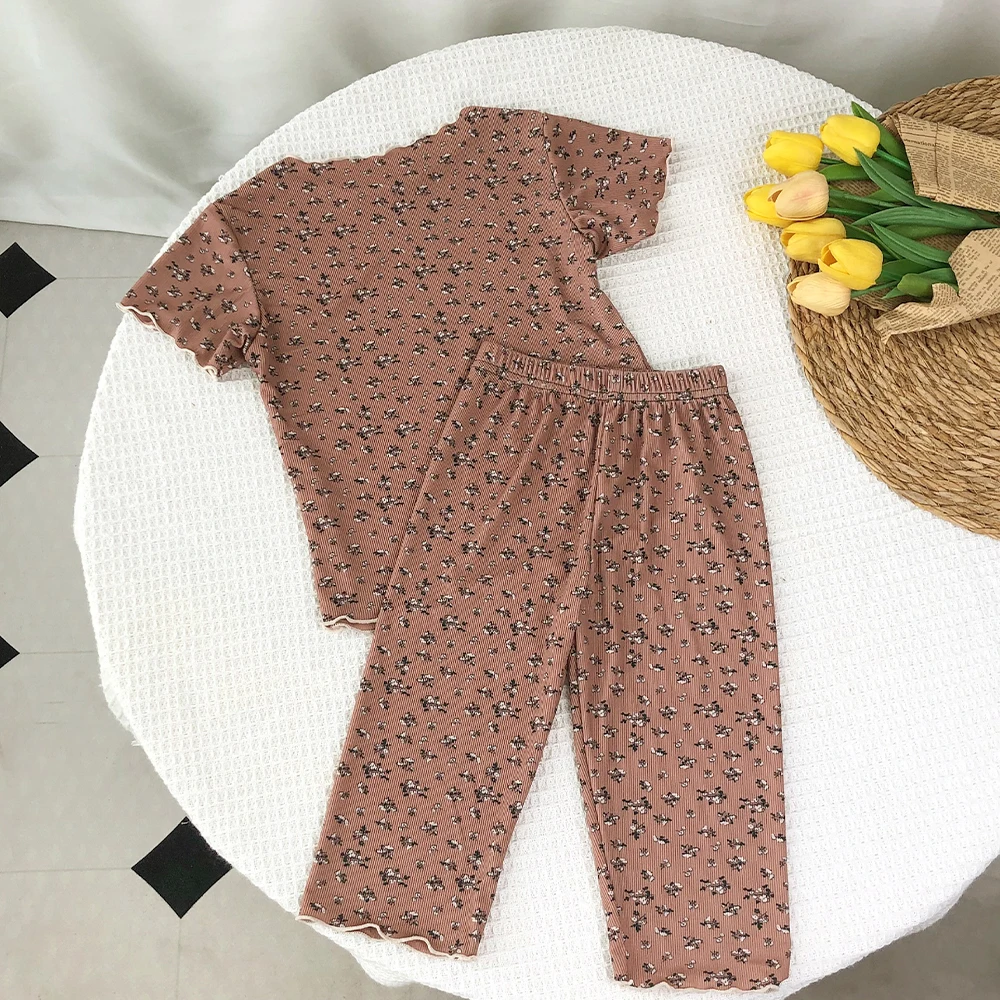 Bear Leader Summer Fashion New Short Sleeve Round Neck Flower Printed T-shirt Top+Pants 2 Piece Set Kids Casual Home Clothes