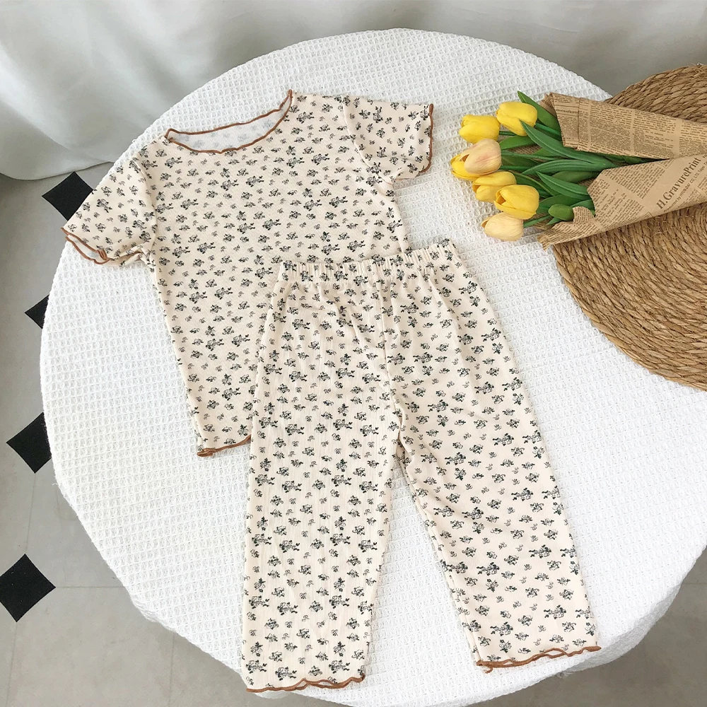 Bear Leader Summer Fashion New Short Sleeve Round Neck Flower Printed T-shirt Top+Pants 2 Piece Set Kids Casual Home Clothes