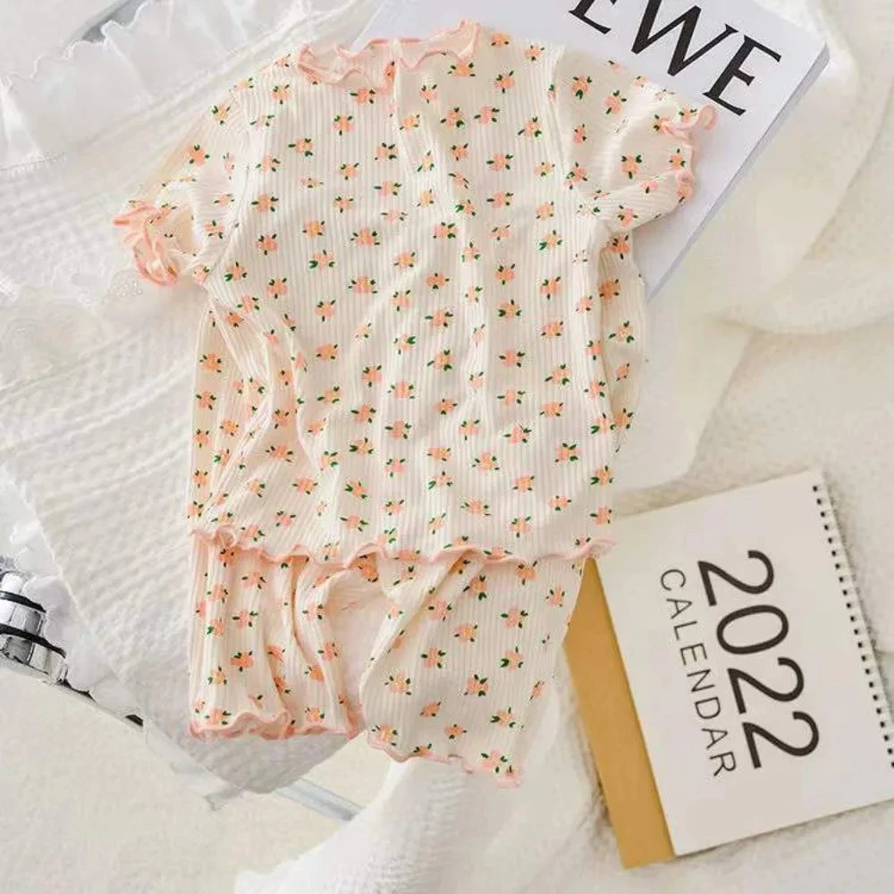 Bear Leader Summer Fashion New Short Sleeve Round Neck Flower Printed T-shirt Top+Pants 2 Piece Set Kids Casual Home Clothes
