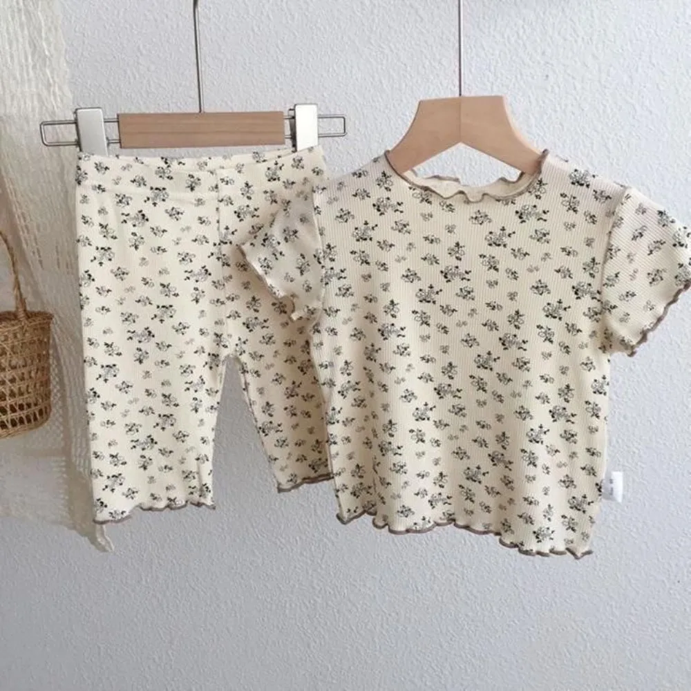 Bear Leader Summer Fashion New Short Sleeve Round Neck Flower Printed T-shirt Top+Pants 2 Piece Set Kids Casual Home Clothes