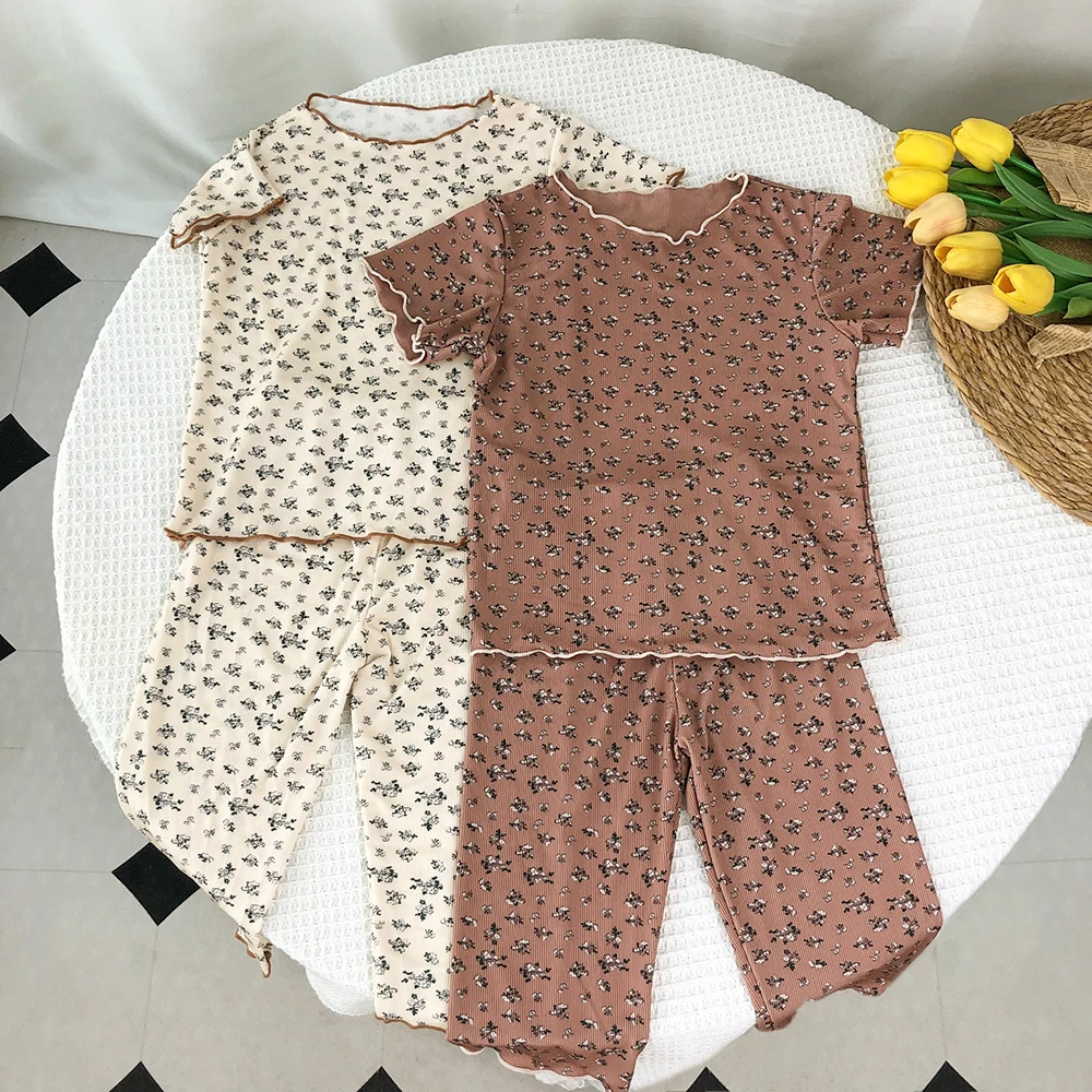 Bear Leader Summer Fashion New Short Sleeve Round Neck Flower Printed T-shirt Top+Pants 2 Piece Set Kids Casual Home Clothes