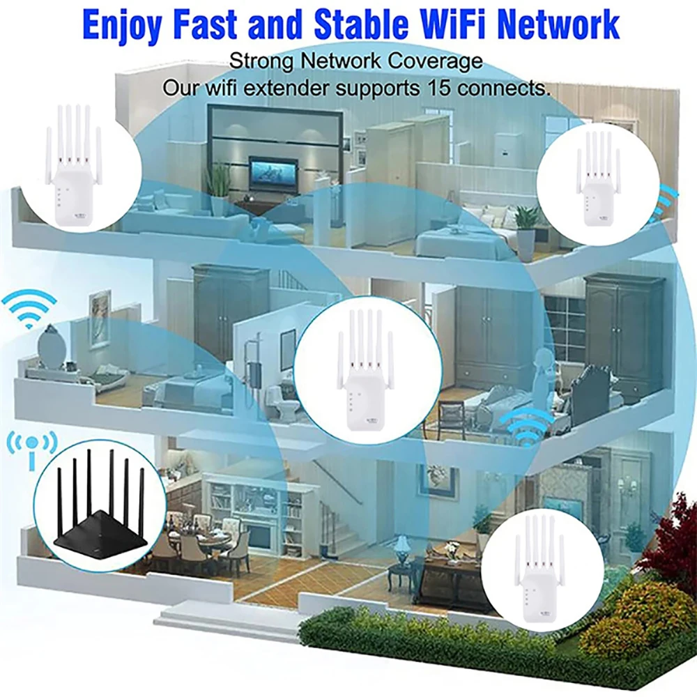 Kebidumei 1200/300Mbps Wifi Repeater Amplifier 2.4G 5G Network Expander Range Extender WiFi Signal Booster Wireless Wi-Fi Router