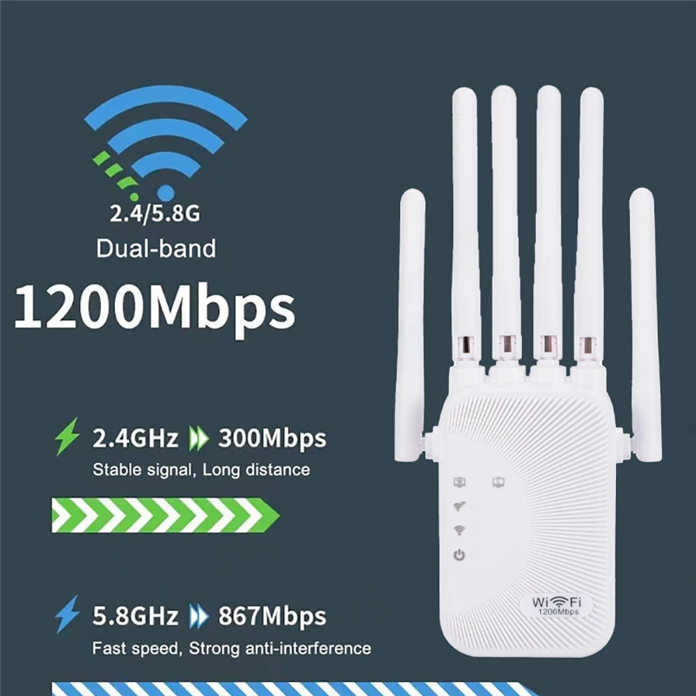 Kebidumei 1200/300Mbps Wifi Repeater Amplifier 2.4G 5G Network Expander Range Extender WiFi Signal Booster Wireless Wi-Fi Router