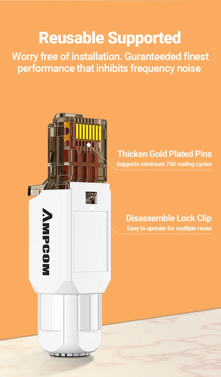 AMPCOM RJ45 Connector Tool Free CAT6A CAT6 10Gbps UTP Field Modular Plug Tool Free Ethernet Reusable Termination Lan Plugs