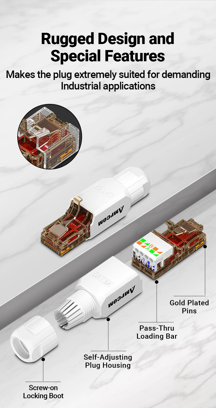 AMPCOM RJ45 Connector Tool Free CAT6A CAT6 10Gbps UTP Field Modular Plug Tool Free Ethernet Reusable Termination Lan Plugs
