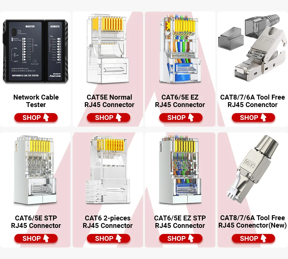 AMPCOM RJ45 Connector Tool Free CAT6A CAT6 10Gbps UTP Field Modular Plug Tool Free Ethernet Reusable Termination Lan Plugs
