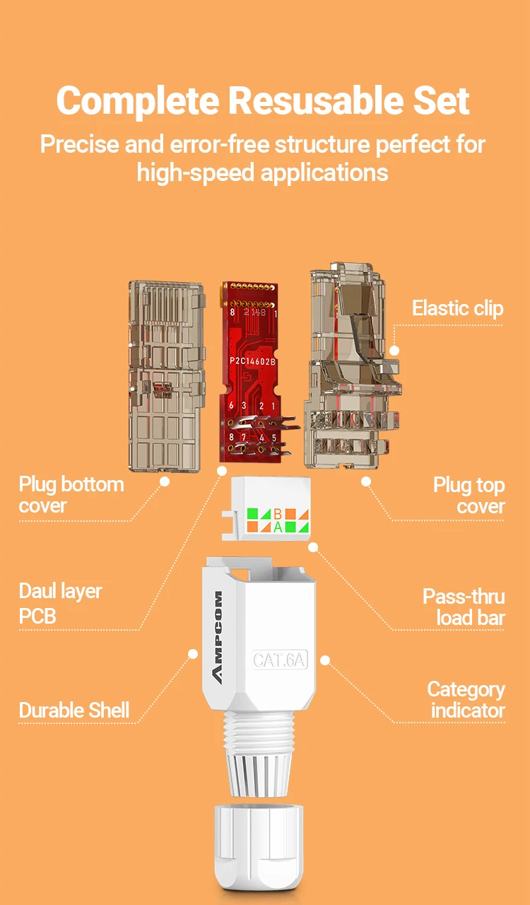 AMPCOM RJ45 Connector Tool Free CAT6A CAT6 10Gbps UTP Field Modular Plug Tool Free Ethernet Reusable Termination Lan Plugs