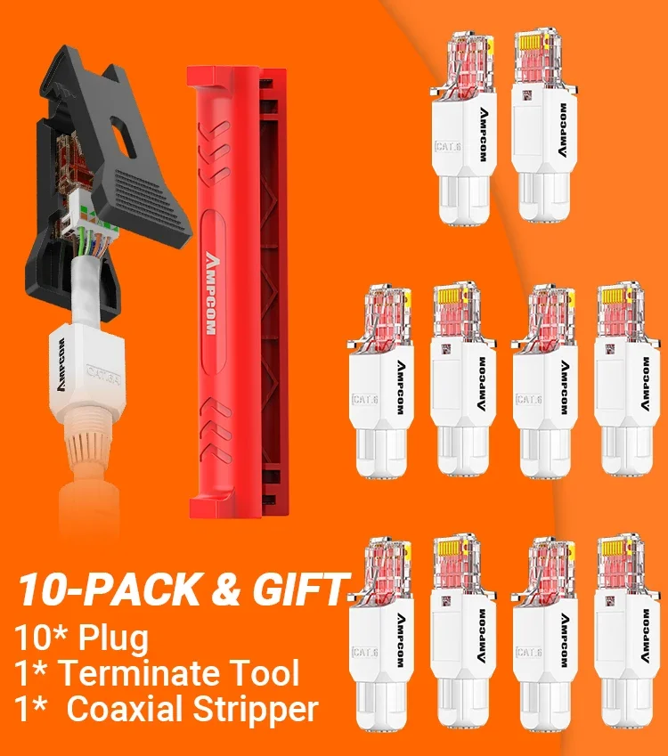 AMPCOM RJ45 Connector Tool Free CAT6A CAT6 10Gbps UTP Field Modular Plug Tool Free Ethernet Reusable Termination Lan Plugs
